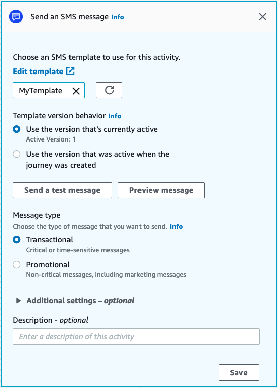 Un ejemplo de configuración de una actividad de SMS.