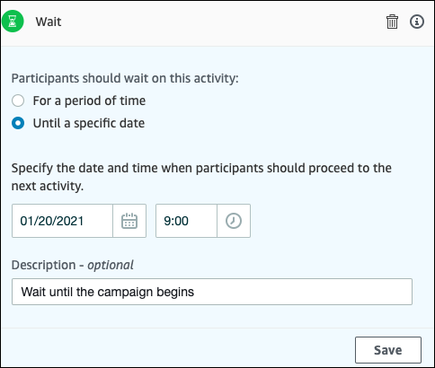 Un ejemplo de cómo configurar una actividad de espera.