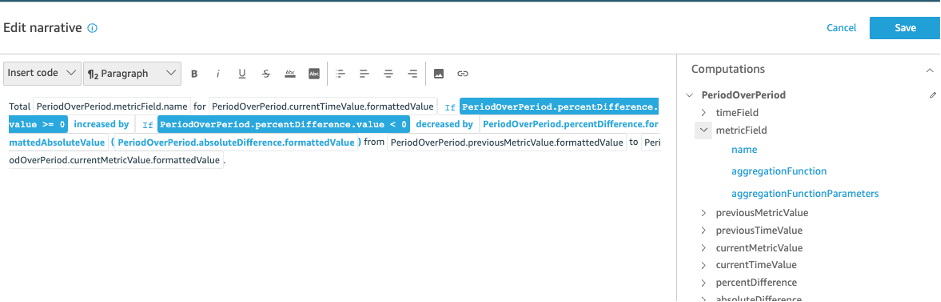 Edit narrative window with text editor and Computations list for customizing insights.