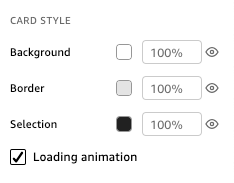 La sección de estilo de tarjeta del menú de ajustes de pantalla que se utiliza para cambiar el color del fondo, el borde o el marco de selección de un elemento visual.