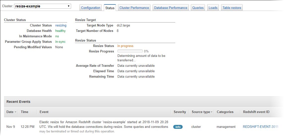 Cambio de tamaño de los clústeres de Amazon Redshift ...