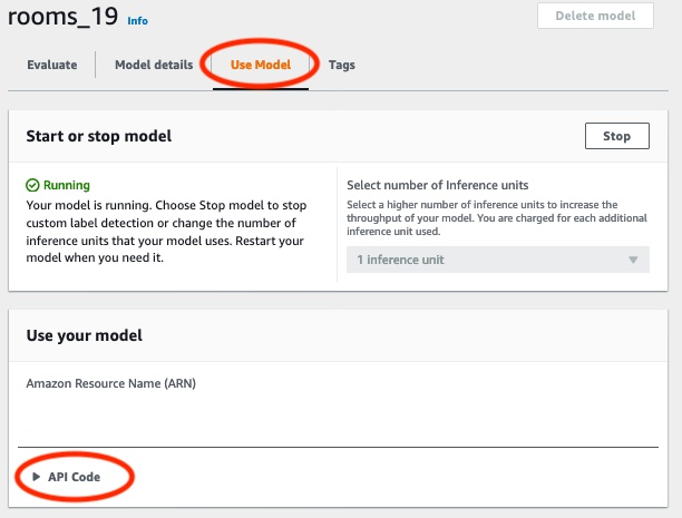 Interfaz que muestra los detalles del modelo con la opción de mostrar el nombre del recurso de Amazon (ARN) y el código API para usar el modelo.