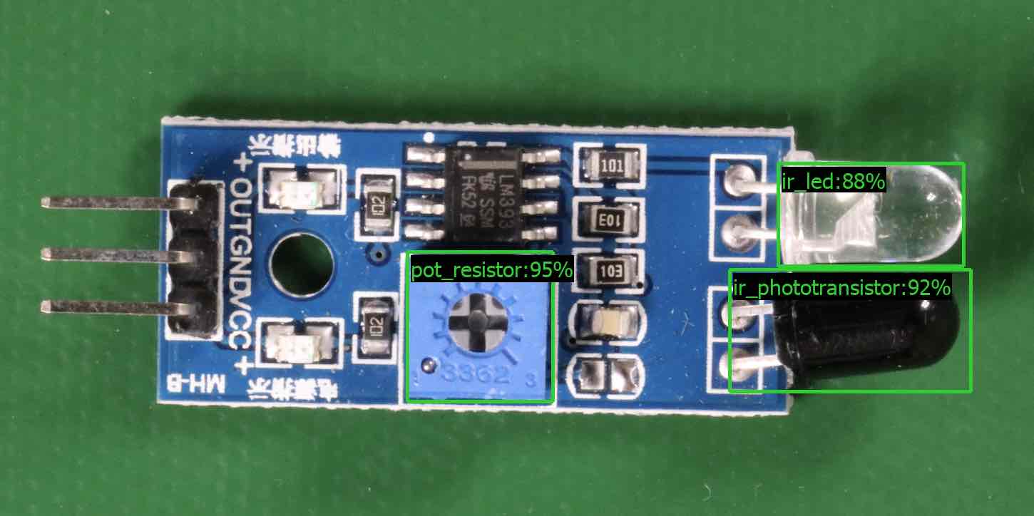 Placa de circuito con un potenciómetro, un fototransistor de infrarrojos y componentes LED etiquetados.