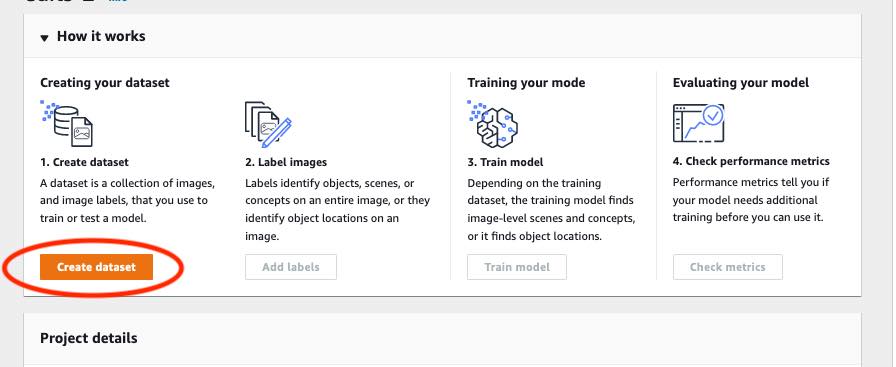 Paso de creación de un conjunto de datos en el flujo de trabajo del modelo de entrenamiento: botón Crear conjunto de datos para cargar imágenes y etiquetas al modelo de tren.