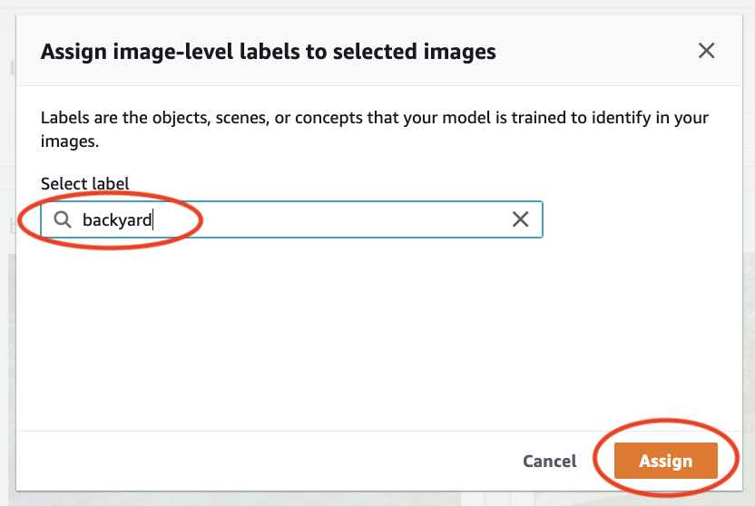 Cuadro de diálogo que muestra cómo asignar la etiqueta «patio trasero» a nivel de imagen a las imágenes seleccionadas con el botón Asignar.