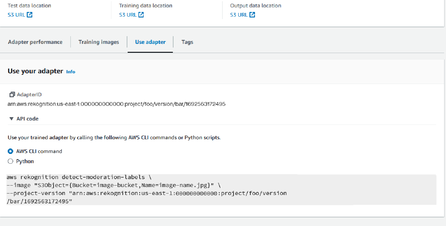 Interfaz que muestra las ubicaciones de los datos de prueba, los datos de entrenamiento y los datos de salida con los campos de URL de S3 correspondientes. Opciones para usar un adaptador, ver etiquetas e imágenes de entrenamiento y acceder a los detalles del adaptador, incluidos su ID y muestras de código para que AWS CLI y Python usen el adaptador entrenado.