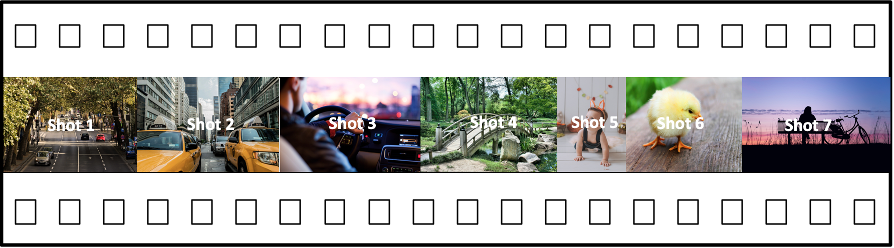 Siete fotografías numeradas que muestran las calles de la ciudad, el salpicadero de un automóvil, un sendero en el bosque, un niño, una cría, un lago al atardecer con la silueta de un fotógrafo.