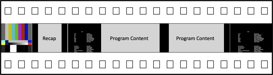 Barras de colores, segmento de resumen, dos segmentos de contenido del programa y marcos negros que representan la cronología de un programa o película.