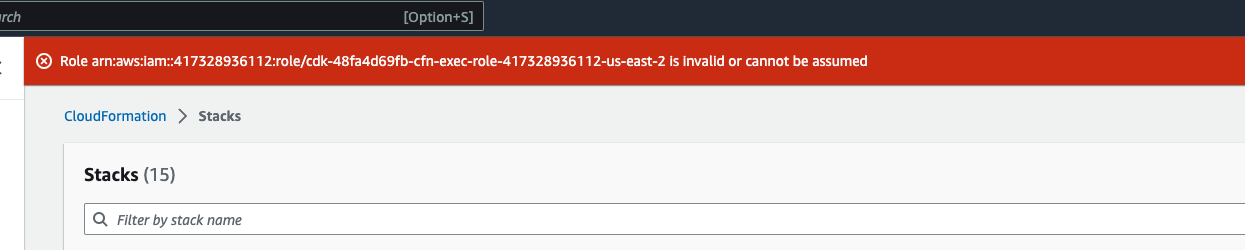CloudFormation apila la ventana que muestra un error relacionado con un rol no válido