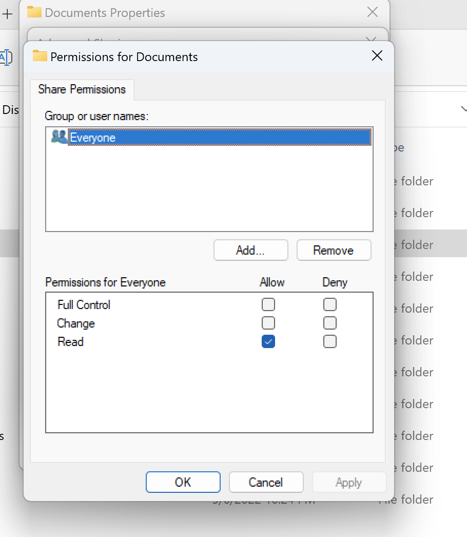 Los permisos de uso compartido se pueden configurar como Permitir o Denegar para tener un control total, modificarlos o leerlos