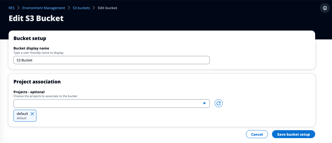 Introduzca la página Editar bucket de S3 con el nombre para mostrar y los campos de asociación del proyecto y resaltado el botón Guardar configuración del bucket