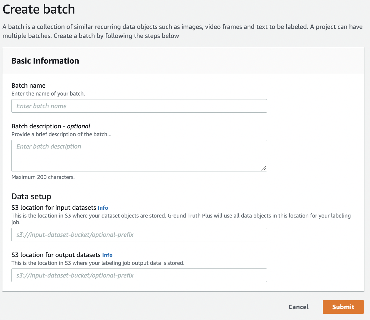El formulario de admisión para crear un lote con Amazon SageMaker Ground Truth Plus.