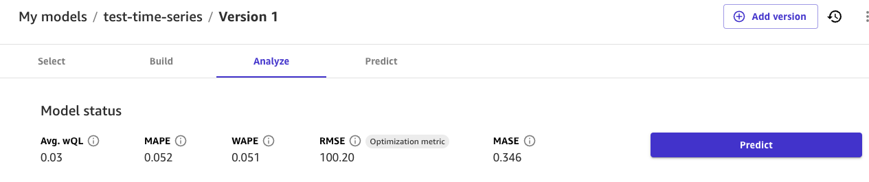 Captura de pantalla de la métrica de optimización RMSE en la pestaña Analizar de Canvas.