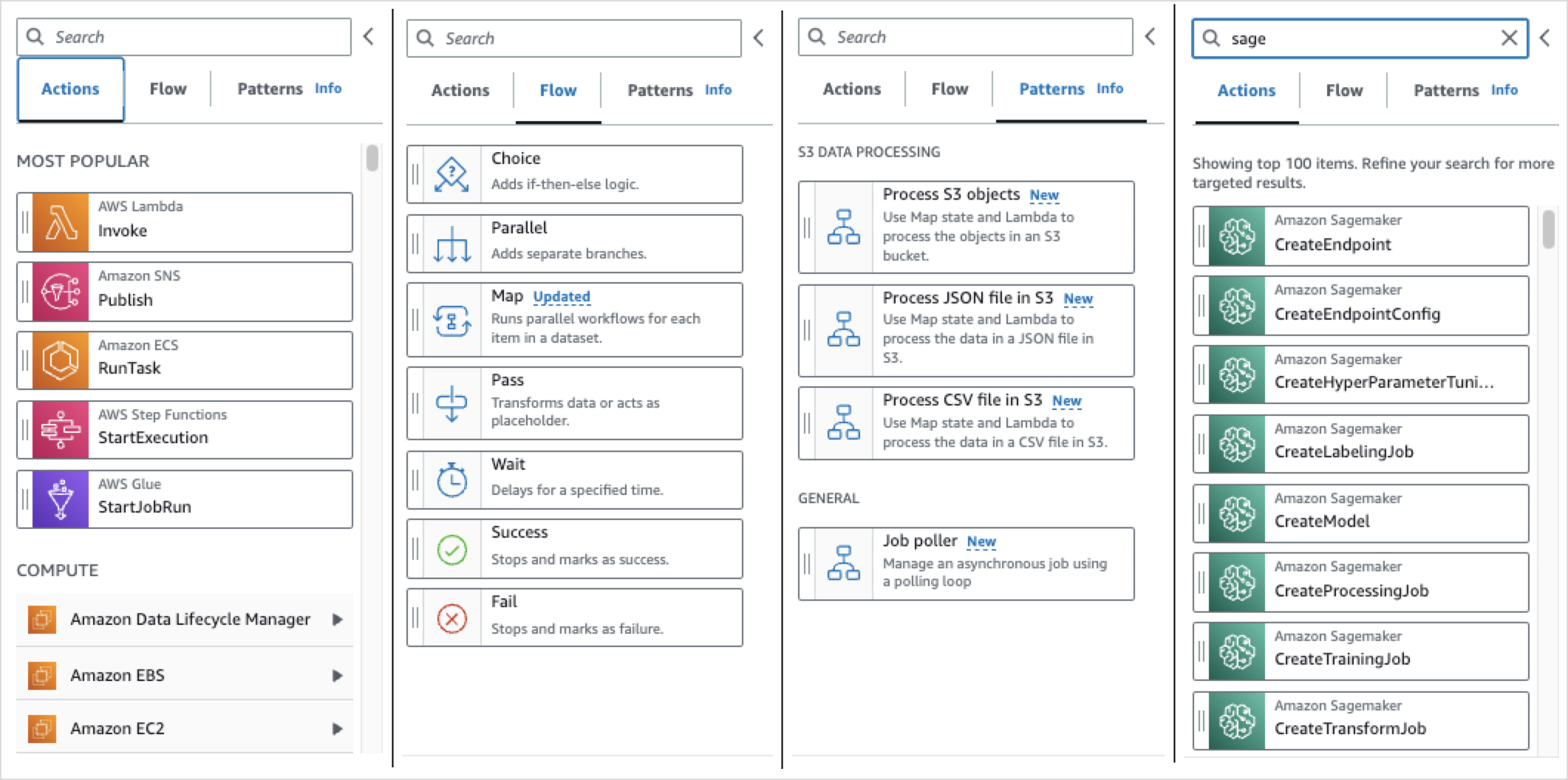 Componente de la interfaz del navegador de estados de Step Functions Workflow Studio. En la imagen se muestran las tres pestañas disponibles en el navegador de estados: Acciones, Flujo y Patrones.