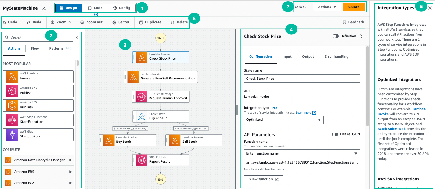 Modo Diseño de Workflow Studio. Este modo contiene varios componentes, como el navegador de estados a la izquierda, el lienzo en la parte central, el panel Inspector a la derecha del lienzo y la ayuda contextual en el panel más a la derecha. En la imagen se muestran las opciones de configuración del panel Inspector para una función de Lambda.