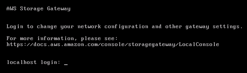 El mensaje de inicio de sesión de la consola local de Storage Gateway aparece en la pantalla de un terminal.