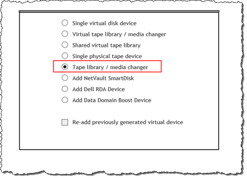 NetVault añada la pantalla del asistente de almacenamiento con el cambiador multimedia de la biblioteca de cintas seleccionado.