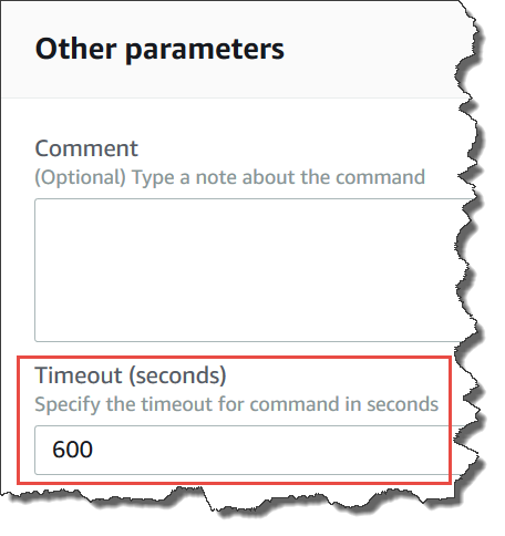 
                    Campo Timeout (seconds) (Tiempo de espera [en segundos]) de la consola de Systems Manager
                