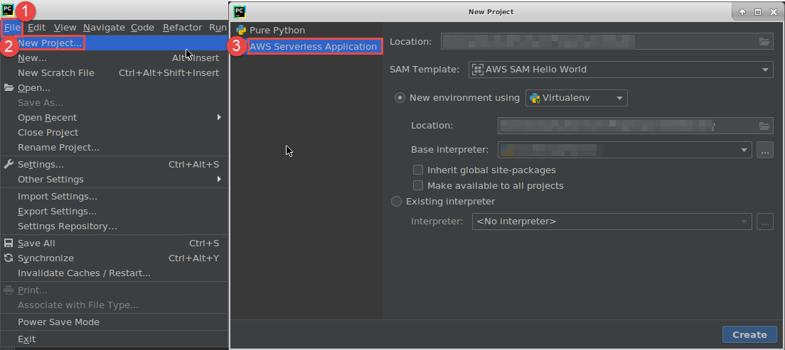 Elegir crear una aplicación sin servidor de AWS en PyCharm