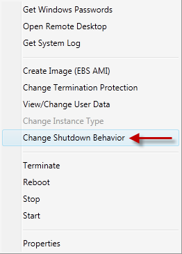 Context menu showing "Cambio Shutdown Behavior" option highlighted among other instance actions.