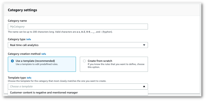 Amazon Transcribe captura de pantalla de la consola: el panel de «configuración de categorías» que muestra las plantillas opcionales.