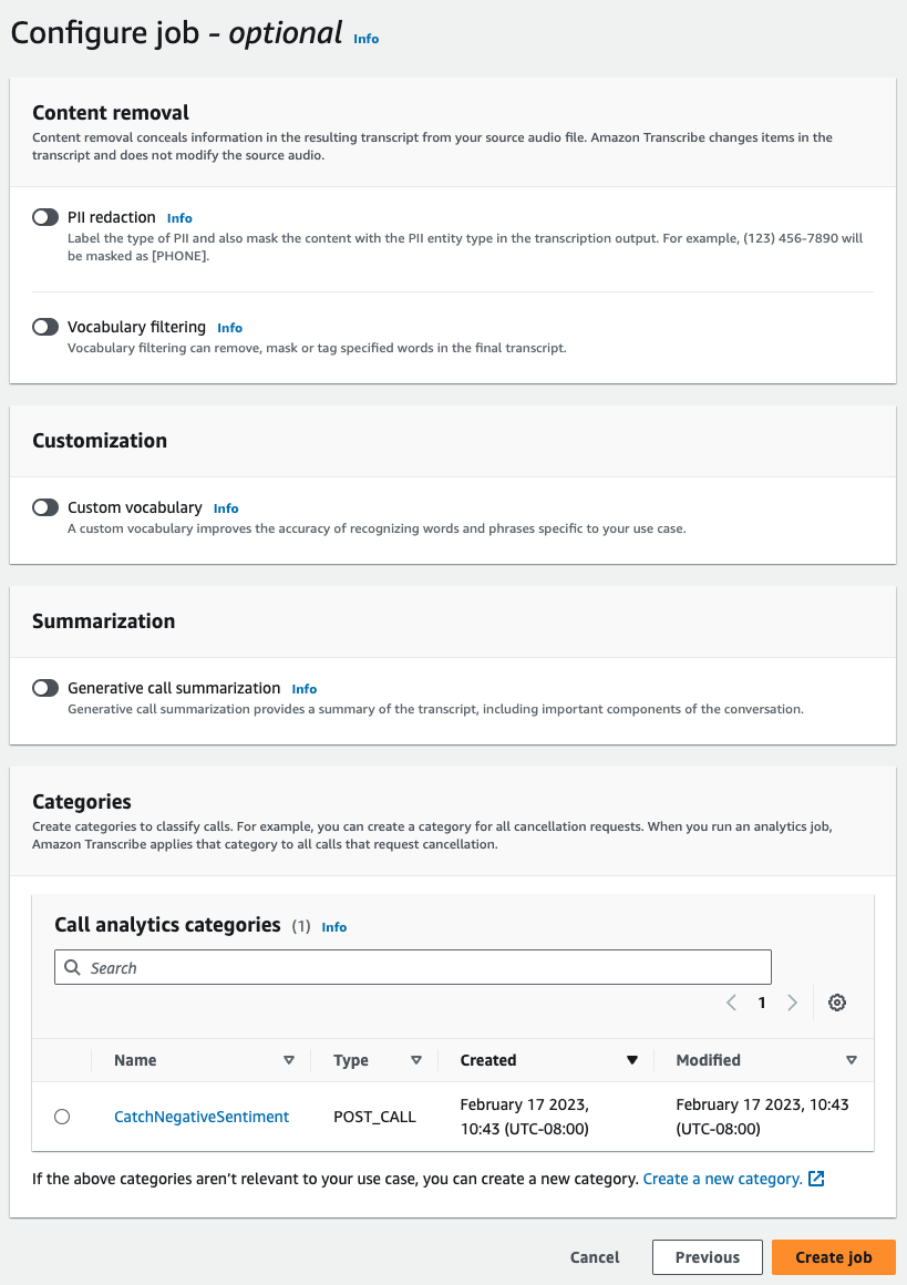 Amazon Transcribe captura de pantalla de la consola: la página «Empleos de Call Analytics».