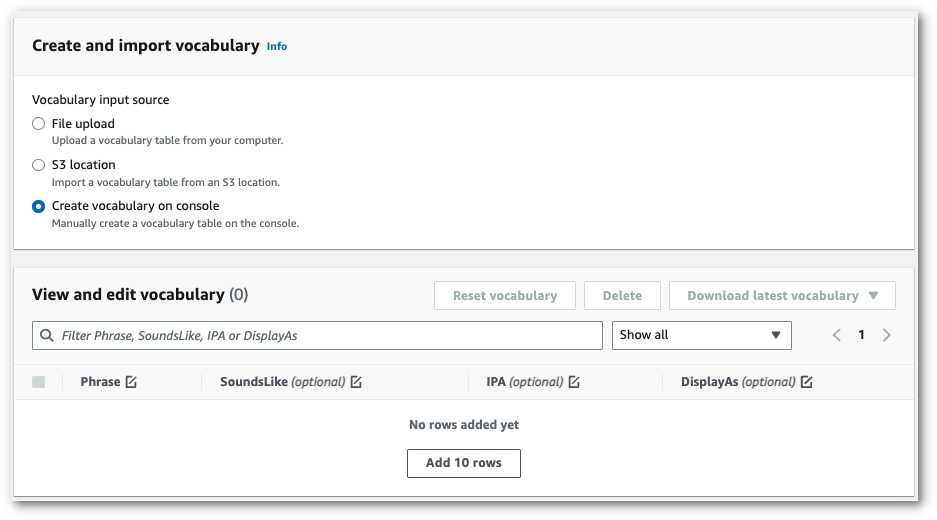 Amazon Transcribe captura de pantalla de la consola: la página de «crear e importar vocabulario».