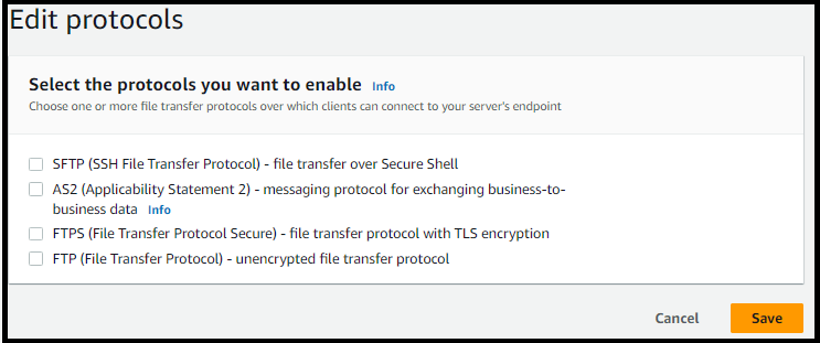 Lista de protocolos disponibles: SFTP, FTP, FTPS y AS2. Puede seleccionar una o varias.