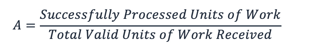Imagen de la ecuación: A = (unidades de trabajo procesadas satisfactoriamente)/(total de unidades de trabajo válidas recibidas)