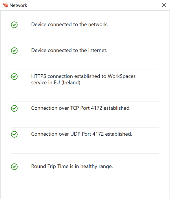 Imagen que muestra la ventana de comprobación de la red del navegador del WorkSpaces cliente