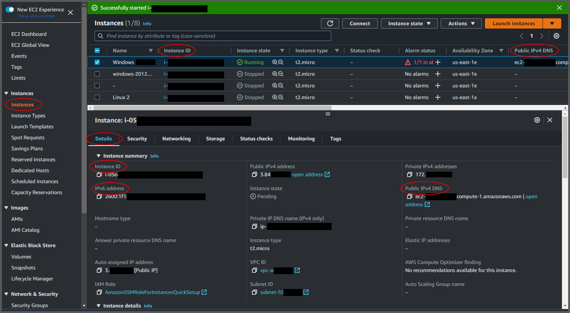 Le volet Instances de la EC2 console Amazon.