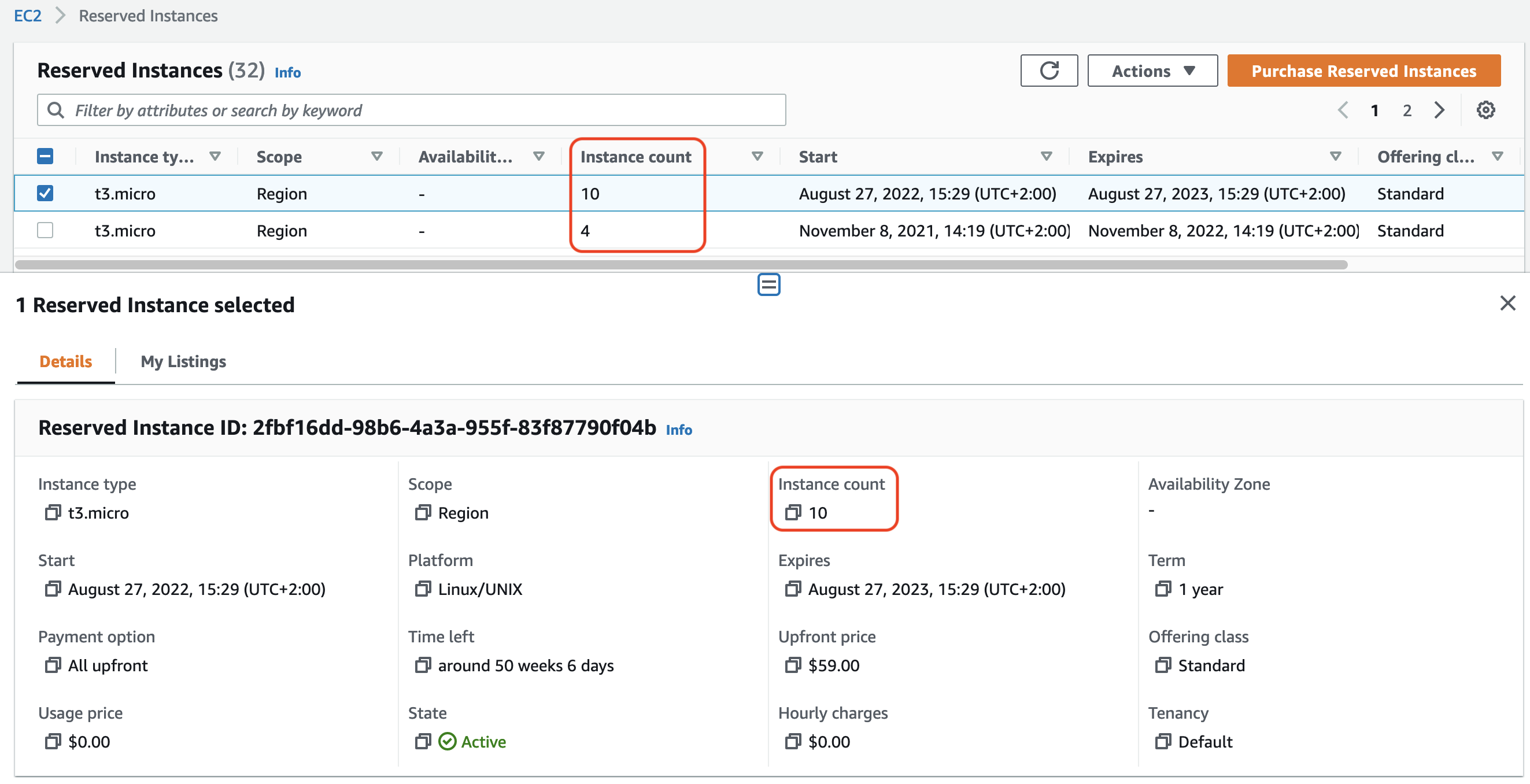 Cette image montre l'écran des instances réservées dans la EC2 console Amazon. Le champ Instance count (Nombre d’instances) est mis en évidence dans la capture d’écran.