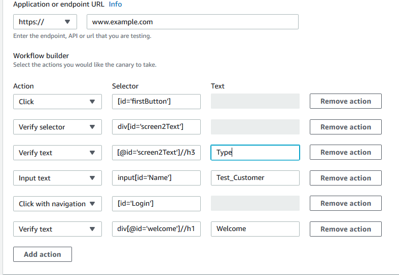 Page de création d'un script Canary dans la console, avec des champs remplis pour le modèle de flux de travail GUI.