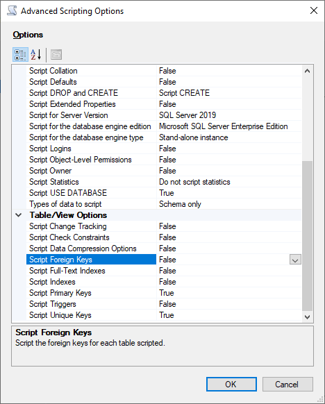 Utilisez l'assistant Generate Scripts (Génération de scripts) SSMS pour définir les options de script avancées.