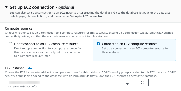 Configurez l'option de la connexion EC2.