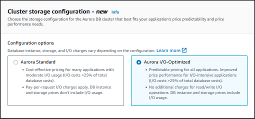 Configuration du stockage en cluster affichant Aurora I/O-Optimized.