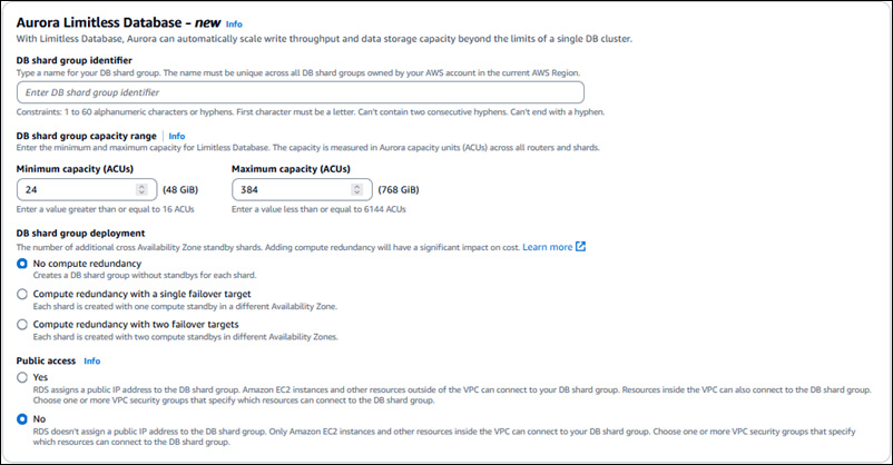 Paramètres de la console de base de données Aurora PostgreSQL Limitless avec options de configuration pour les paramètres de partitionnement et de distribution.