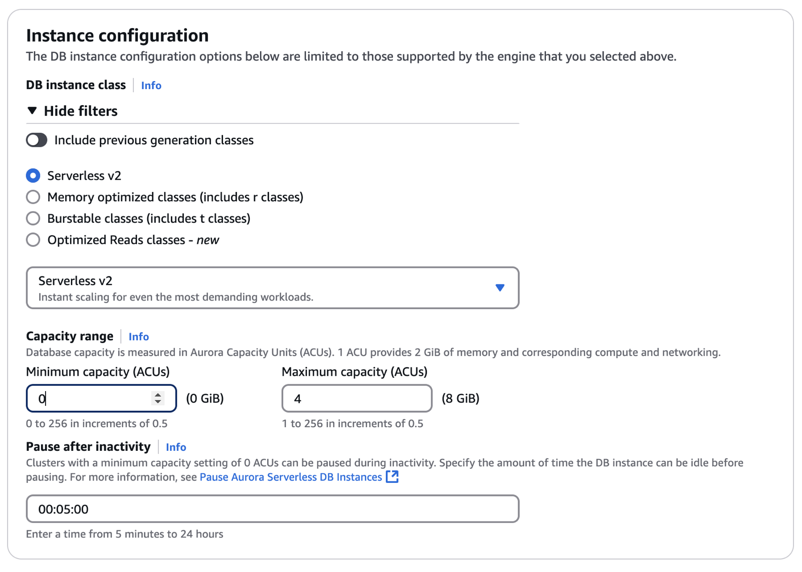 Réglage de capacité Aurora Serverless v2 lorsque la limite inférieure est 0ACUs.