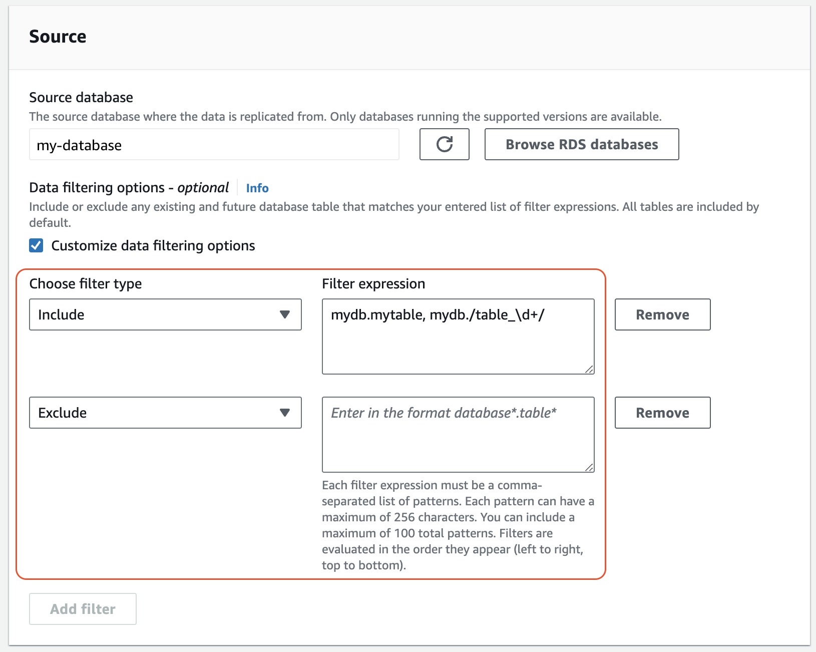 Filtres de données pour une intégration zéro ETL dans la console RDS