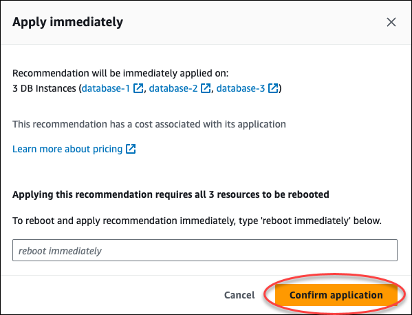 La fenêtre de confirmation dans la console pour appliquer immédiatement la recommandation