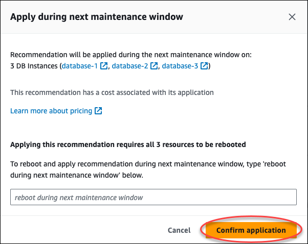 La fenêtre de confirmation dans la console pour planifier l'application de la recommandation dans la fenêtre de maintenance suivante