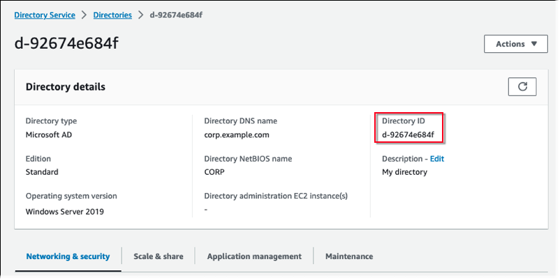 
                Page de détails du répertoire dans la AWS Directory Service console avec l'ID du répertoire.
            