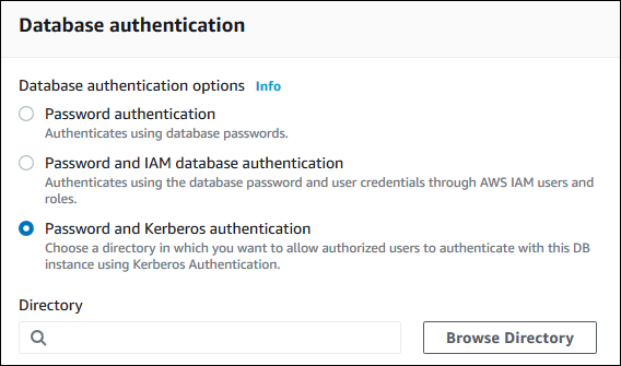 
          Paramètre d'authentification Kerberos lors de la création d'une instance de base de données
        