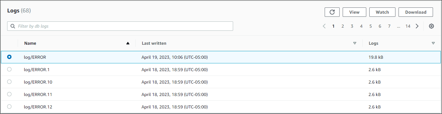 Image de la section Logs de la RDS console Amazon avec un journal d'erreurs sélectionné.