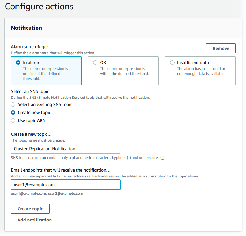 La page Configure actions (Configurer des actions)