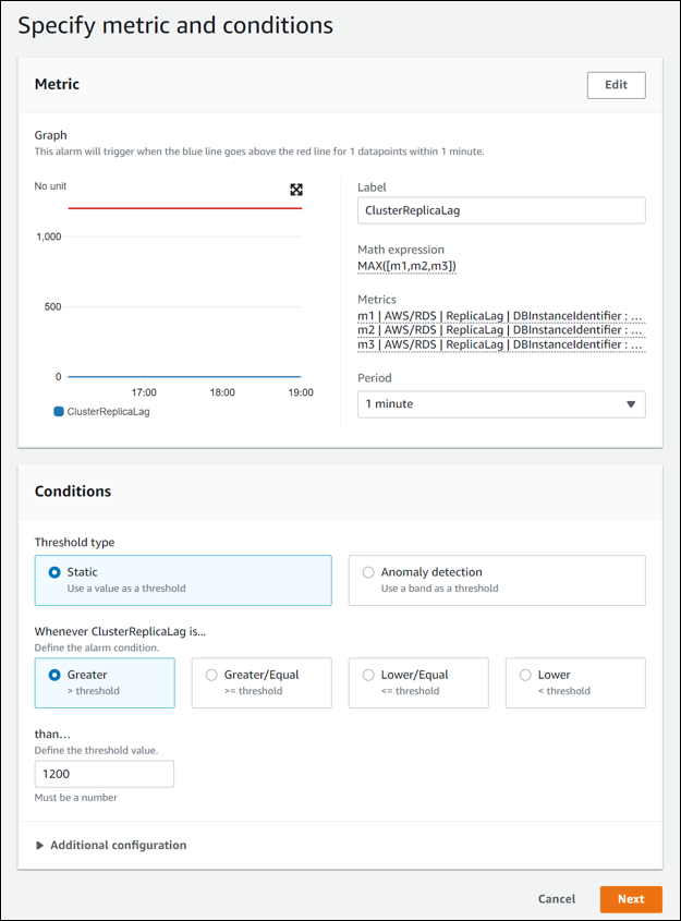 La page Specify metric and conditions (Spécifier les métriques et les conditions)