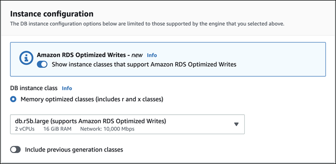 Filtre de classe d'instances de base de données pour Écritures optimisées pour RDS.