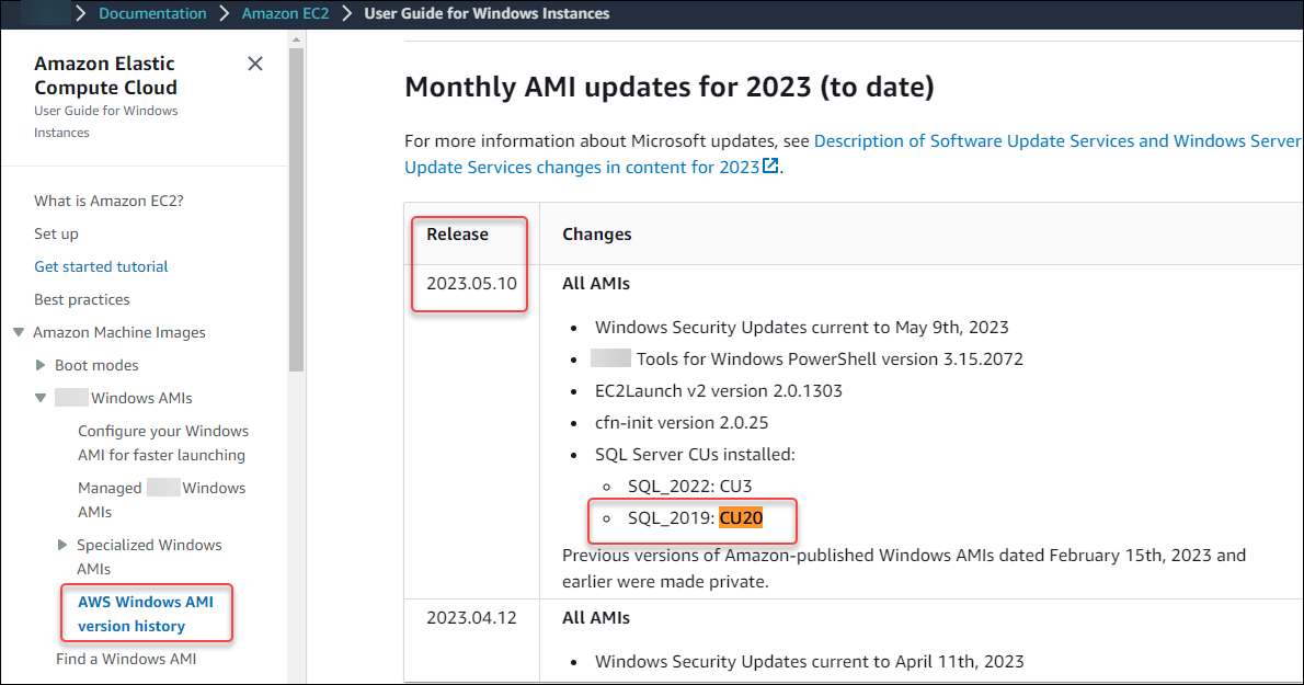 Résultat de l'historique des versions des images AMI pour SQL Server 2019 CU20.