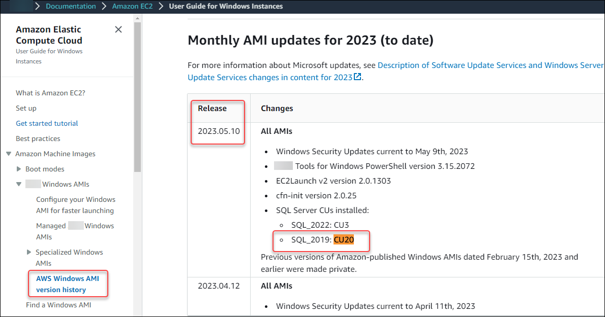 Résultat de l'historique des versions de l'AMI pour SQL Server 2019 CU2 0.