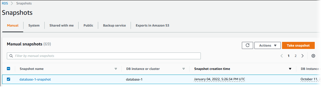 Option Restore snapshot (Restaurer l'instantané) dans le menu Actions de la console RDS